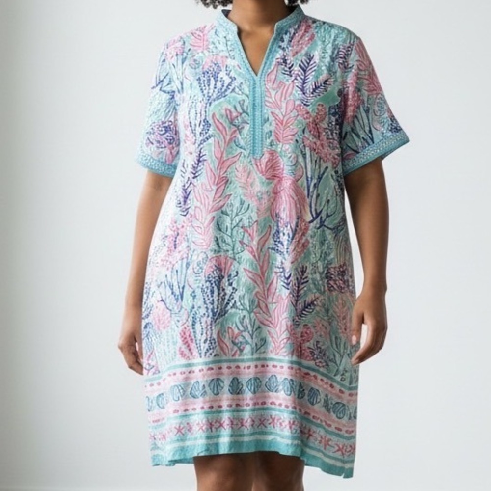 Rezobay Resort Luxury‎ Wear Pink Blue Coral Sea Life Tunic Dress Womens 4X beach